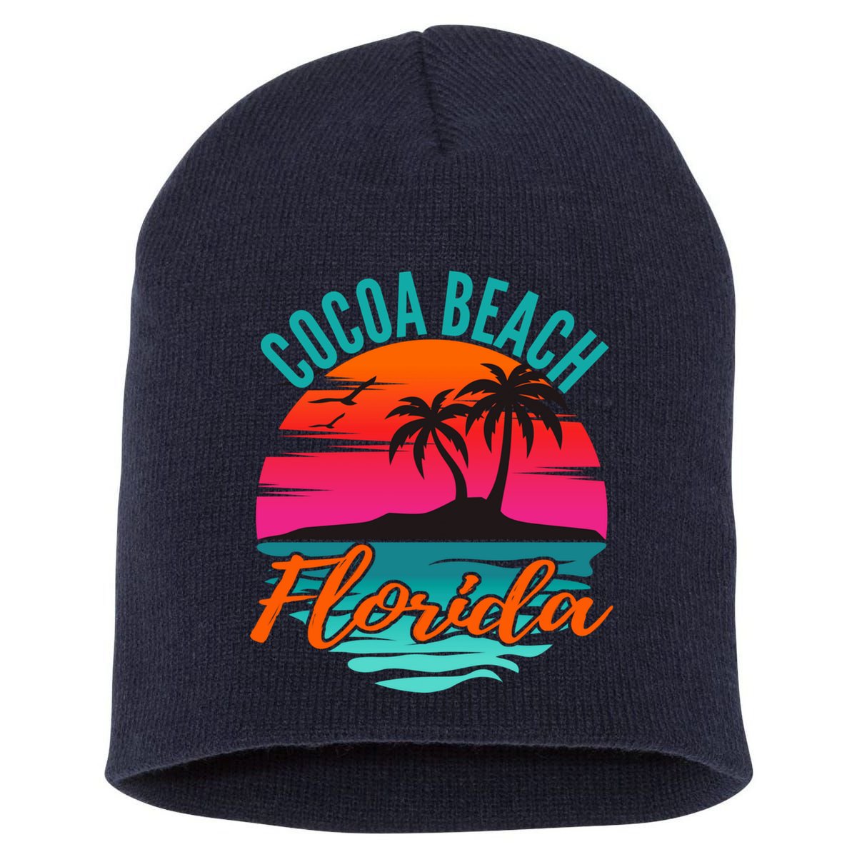 Cocoa Beach Florida Palm Tree Island Pink Sunset Short Acrylic Beanie