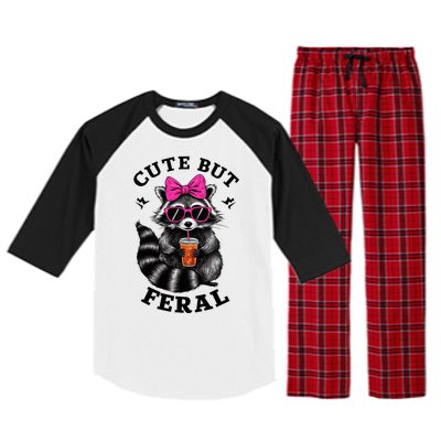 Cute But Feral Funny Colorful Raccoon With Sunglasses Raglan Sleeve Pajama Set