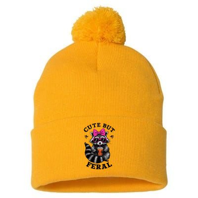 Cute But Feral Funny Colorful Raccoon With Sunglasses Pom Pom 12in Knit Beanie