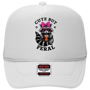 Cute But Feral Funny Colorful Raccoon With Sunglasses High Crown Mesh Back Trucker Hat