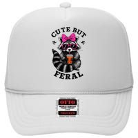 Cute But Feral Funny Colorful Raccoon With Sunglasses High Crown Mesh Back Trucker Hat