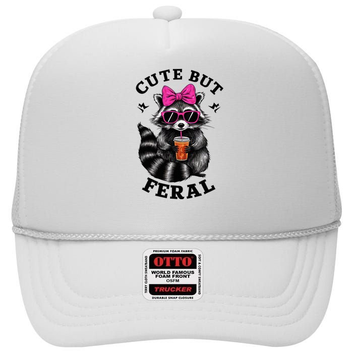 Cute But Feral Funny Colorful Raccoon With Sunglasses High Crown Mesh Back Trucker Hat