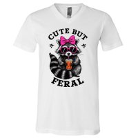 Cute But Feral Funny Colorful Raccoon With Sunglasses V-Neck T-Shirt