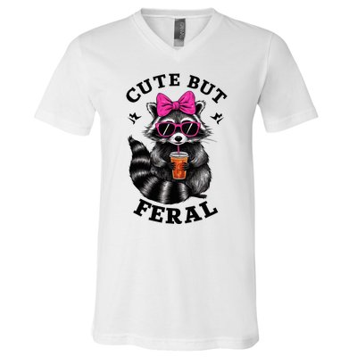 Cute But Feral Funny Colorful Raccoon With Sunglasses V-Neck T-Shirt