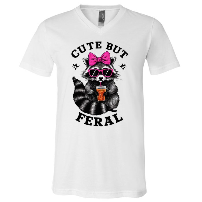 Cute But Feral Funny Colorful Raccoon With Sunglasses V-Neck T-Shirt