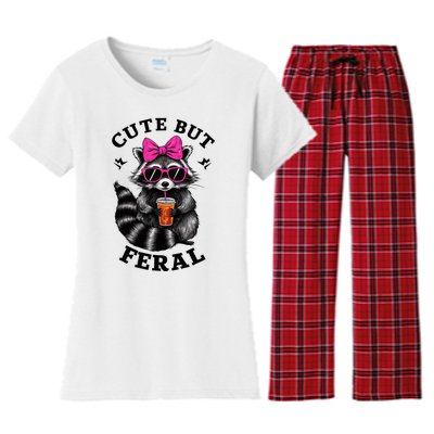 Cute But Feral Funny Colorful Raccoon With Sunglasses Women's Flannel Pajama Set