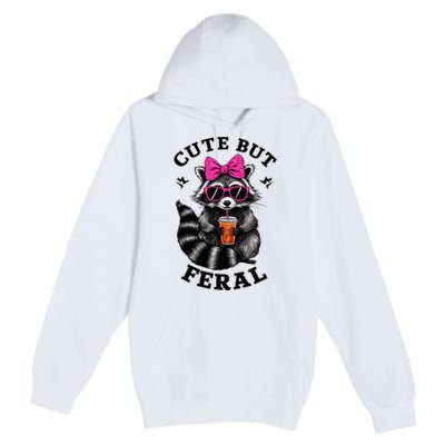 Cute But Feral Funny Colorful Raccoon With Sunglasses Premium Pullover Hoodie