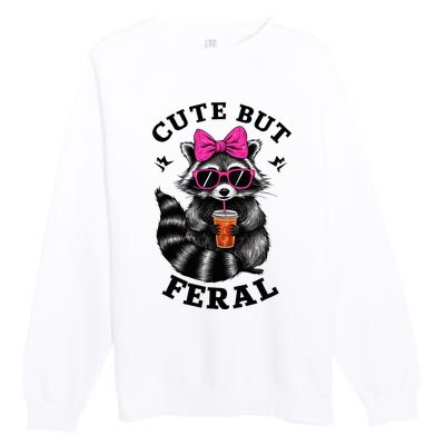 Cute But Feral Funny Colorful Raccoon With Sunglasses Premium Crewneck Sweatshirt