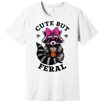 Cute But Feral Funny Colorful Raccoon With Sunglasses Premium T-Shirt