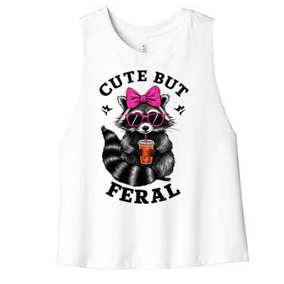 Cute But Feral Funny Colorful Raccoon With Sunglasses Women's Racerback Cropped Tank