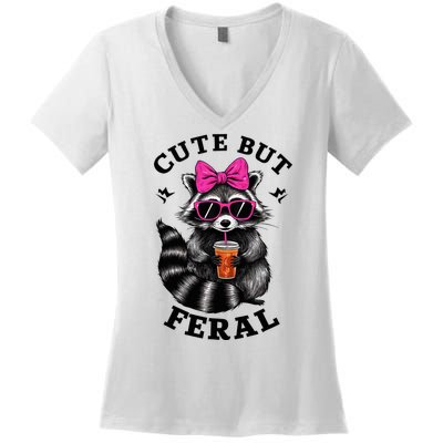 Cute But Feral Funny Colorful Raccoon With Sunglasses Women's V-Neck T-Shirt