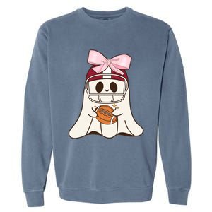 Coquette Bow Funny Ghost Spooky Season Halloween Football Gift Garment-Dyed Sweatshirt