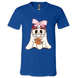 Coquette Bow Funny Ghost Spooky Season Halloween Football Gift V-Neck T-Shirt