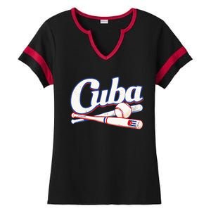 Cuba Baseball Fan Cuban Flag Sport Team Distressed Ladies Halftime Notch Neck Tee