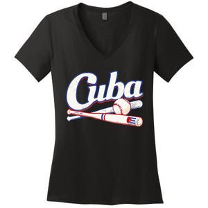 Cuba Baseball Fan Cuban Flag Sport Team Distressed Women's V-Neck T-Shirt