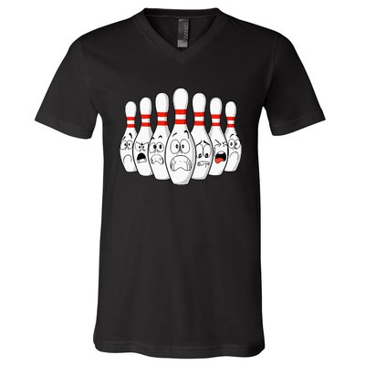 Cartoon Bowling Funny Scared Bowling Pins V-Neck T-Shirt