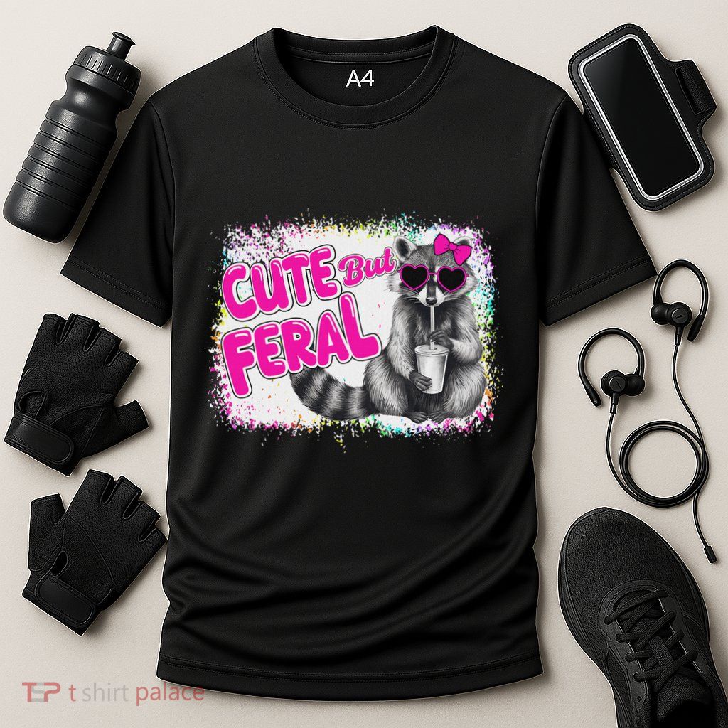 Cute But Feral Funny Colorful Raccoon With Sunglasses Meme Performance Shirt