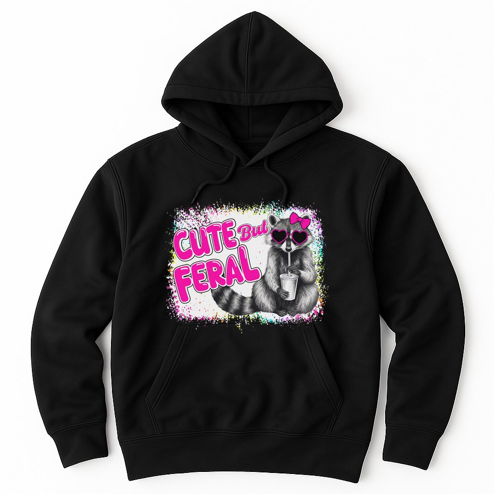 Cute But Feral Funny Colorful Raccoon With Sunglasses Meme Hoodie