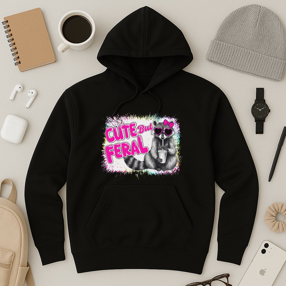 Cute But Feral Funny Colorful Raccoon With Sunglasses Meme Hoodie