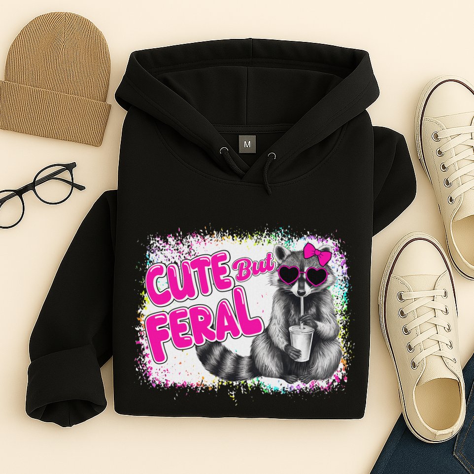 Cute But Feral Funny Colorful Raccoon With Sunglasses Meme Hoodie