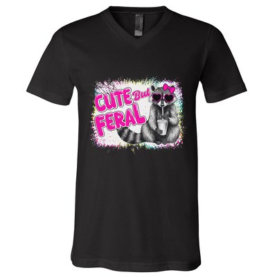 Cute But Feral Funny Colorful Raccoon With Sunglasses Meme V-Neck T-Shirt