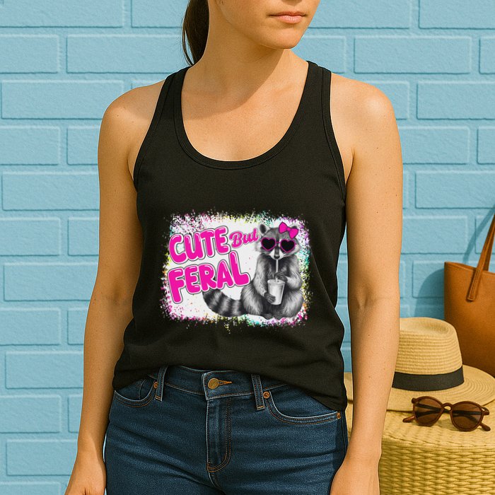 Cute But Feral Funny Colorful Raccoon With Sunglasses Meme Womens Tank Top