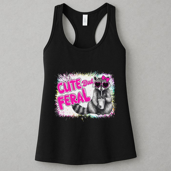 Cute But Feral Funny Colorful Raccoon With Sunglasses Meme Womens Tank Top