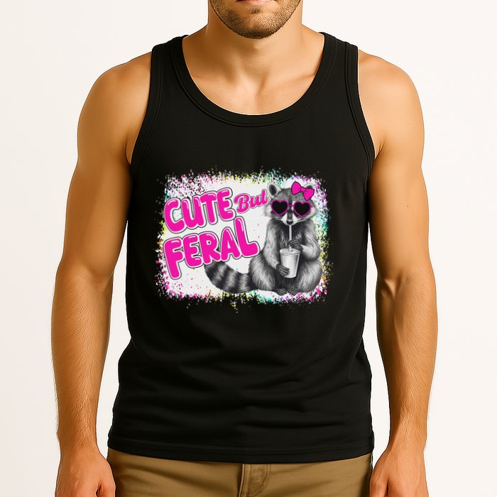 Cute But Feral Funny Colorful Raccoon With Sunglasses Meme Tank Top