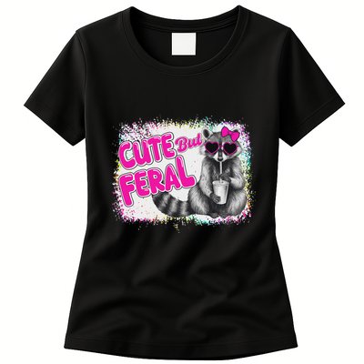 Cute But Feral Funny Colorful Raccoon With Sunglasses Meme Womens T-Shirt