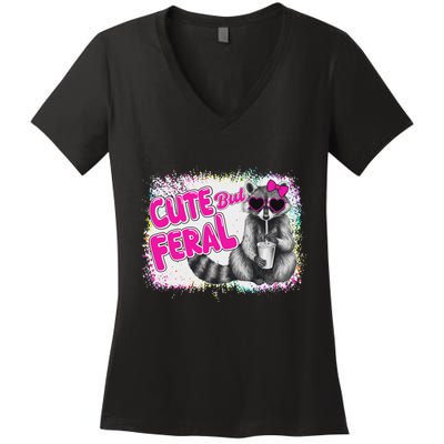 Cute But Feral Funny Colorful Raccoon With Sunglasses Meme Women's V-Neck T-Shirt
