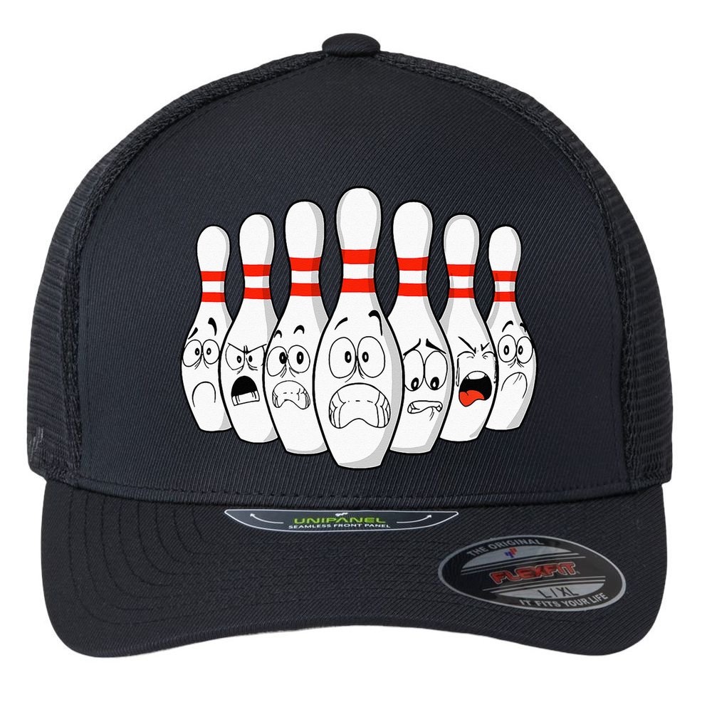 Cartoon Bowling Funny Scared Bowling Pins Flexfit Unipanel Trucker Cap