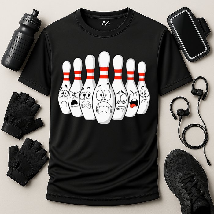 Cartoon Bowling Funny Scared Bowling Pins Cooling Performance Crew T-Shirt