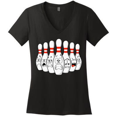 Cartoon Bowling Funny Scared Bowling Pins Women's V-Neck T-Shirt