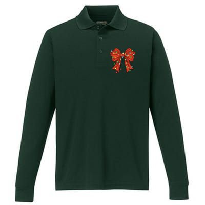 Christmas Bow Festive Holiday Performance Long Sleeve Polo