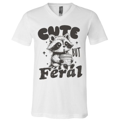 Cute But Feral Funny Racoon With Glasses  V-Neck T-Shirt