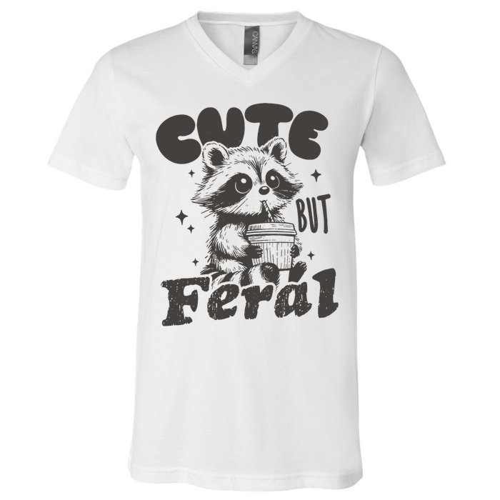 Cute But Feral Funny Racoon With Glasses  V-Neck T-Shirt