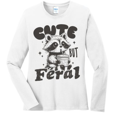Cute But Feral Funny Racoon With Glasses  Ladies Long Sleeve Shirt