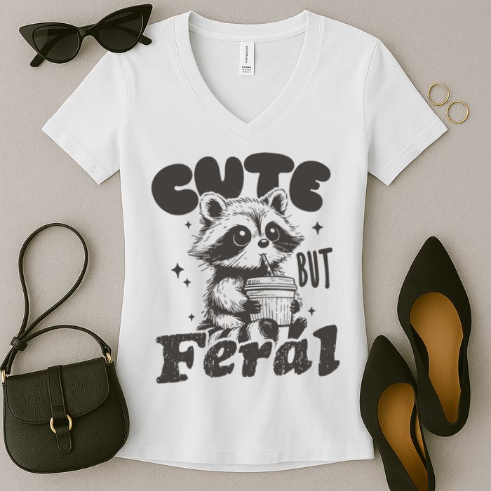 Cute But Feral Funny Racoon With Glasses  Women's V-Neck T-Shirt