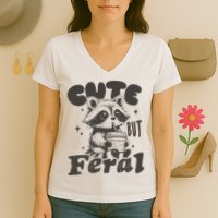 Cute But Feral Funny Racoon With Glasses  Women's V-Neck T-Shirt
