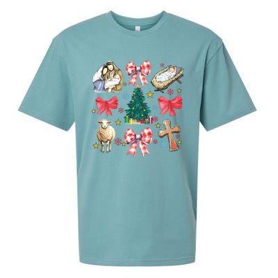 Coquette Bow Funny Baby Jesus Christmas Bible Verse Xmas Sueded Cloud Jersey T-Shirt