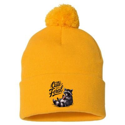 Cute But Feral Funny And Wild Raccoon Design Pom Pom 12in Knit Beanie
