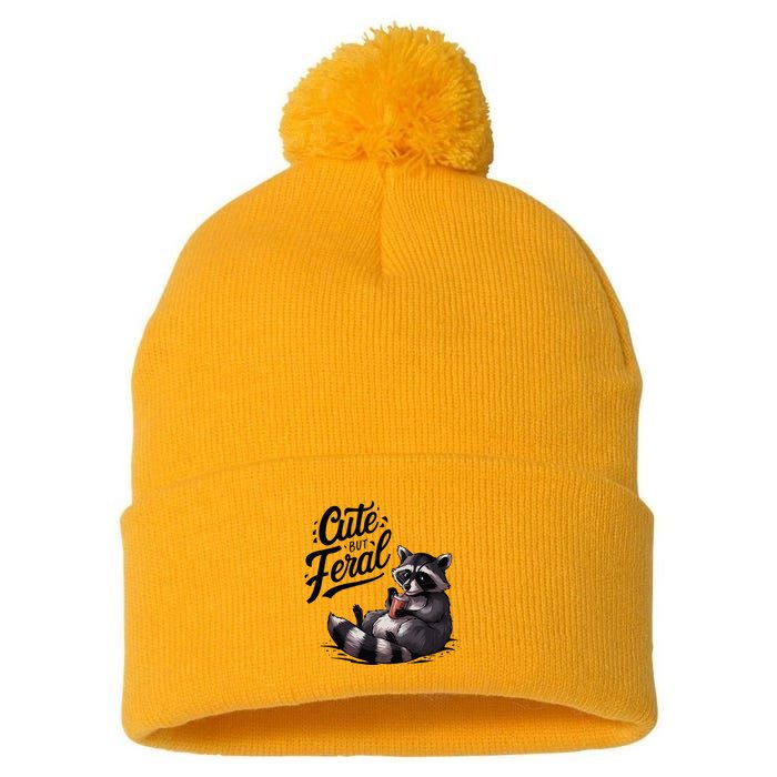Cute But Feral Funny And Wild Raccoon Design Pom Pom 12in Knit Beanie