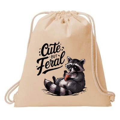 Cute But Feral Funny And Wild Raccoon Design Drawstring Bag