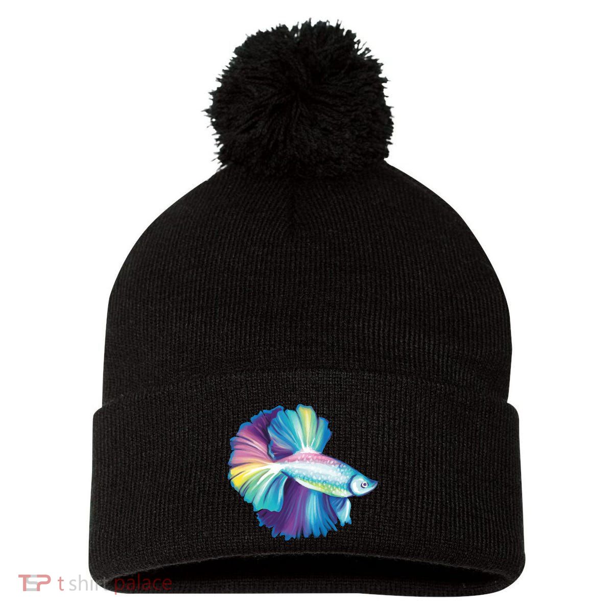 Colorful Betta Fish Swimming Pom Pom 12in Knit Beanie