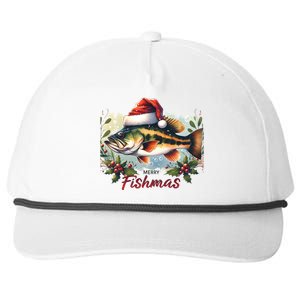 Christmas Bass Fish In Santa Hat Wishing A Merry Fishmas Funny Gift Snapback Five-Panel Rope Hat