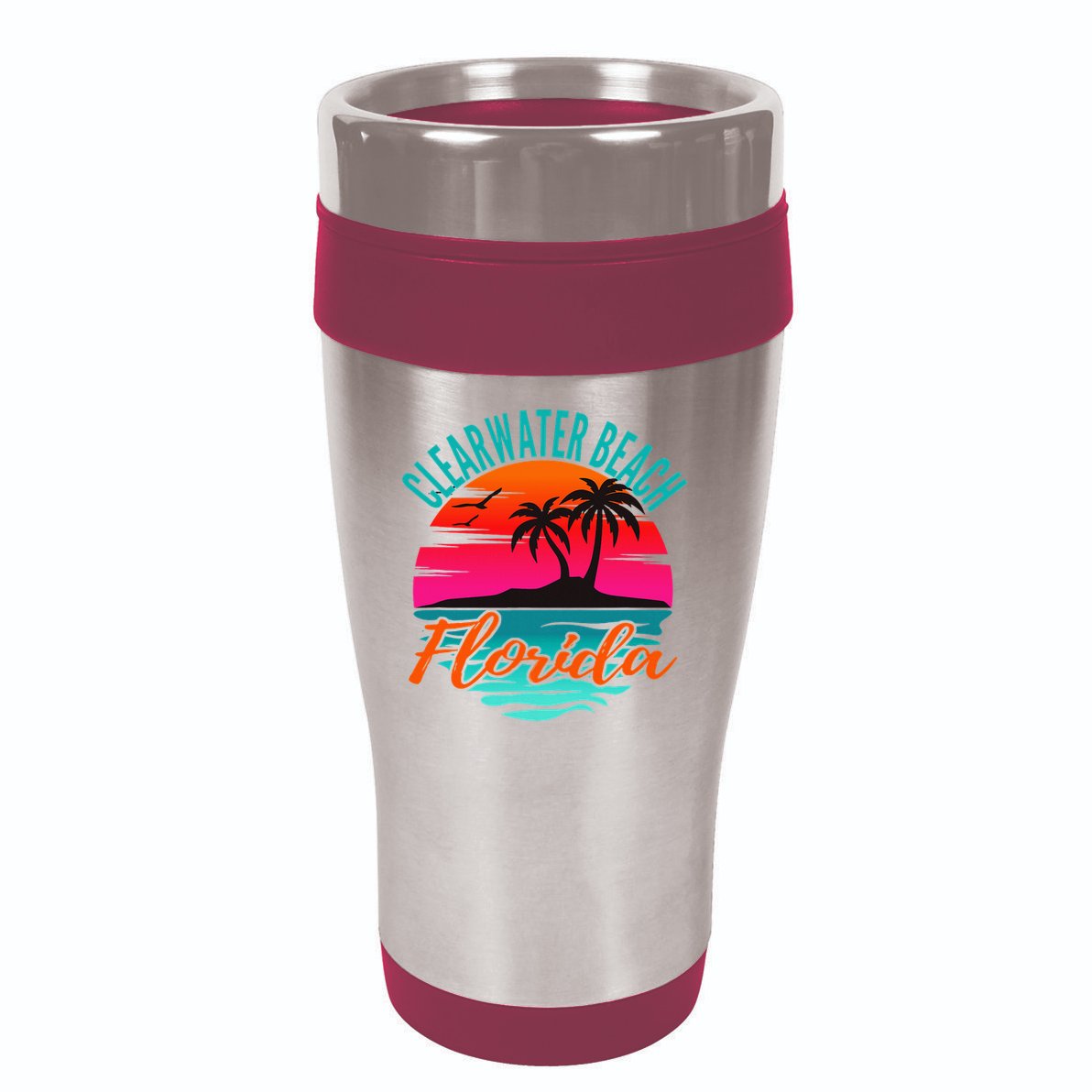 Clearwater Beach Florida Palm Tree Island Pink 16oz Travel Tumbler