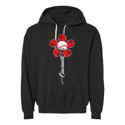 Cincinnati Baseball Flower Vintage Baseball Fans Garment-Dyed Fleece Hoodie