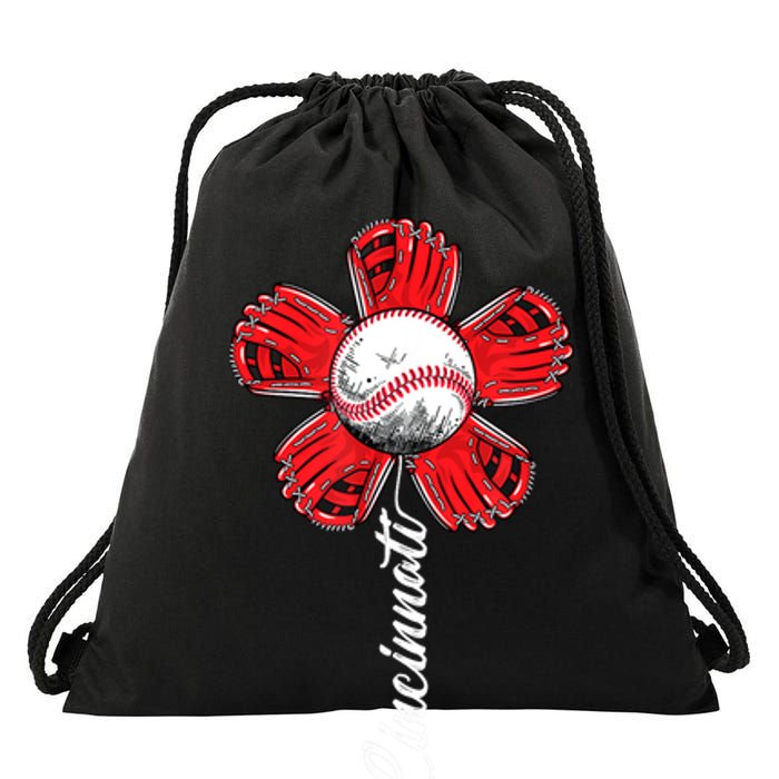 Cincinnati Baseball Flower Vintage Baseball Fans Drawstring Bag