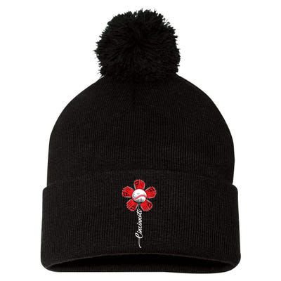 Cincinnati Baseball Flower Vintage Baseball Fans Pom Pom 12in Knit Beanie