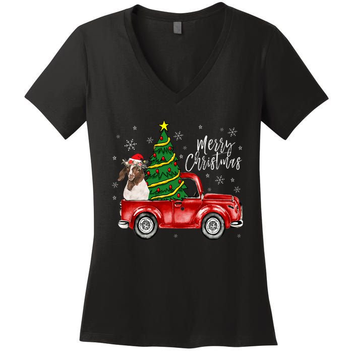 Cute Boer Goat Dog Truck Merry Christmas Goat Lover Xmas Women's V-Neck T-Shirt